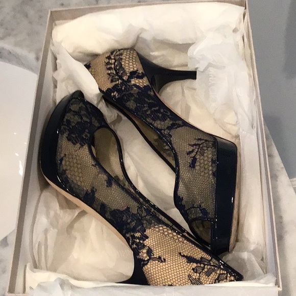Jimmy Choo Lace Navy High Heeled Pumps - Picture 5 of 6